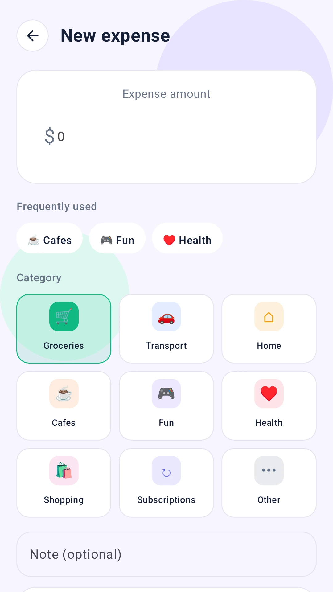 White Cart Dashboard new expense screen