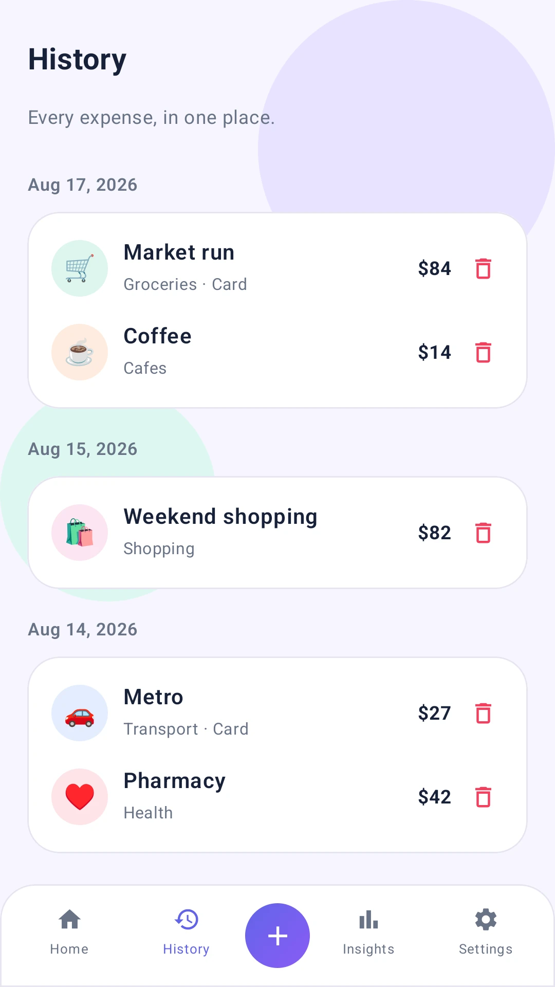 White Cart Dashboard history screen